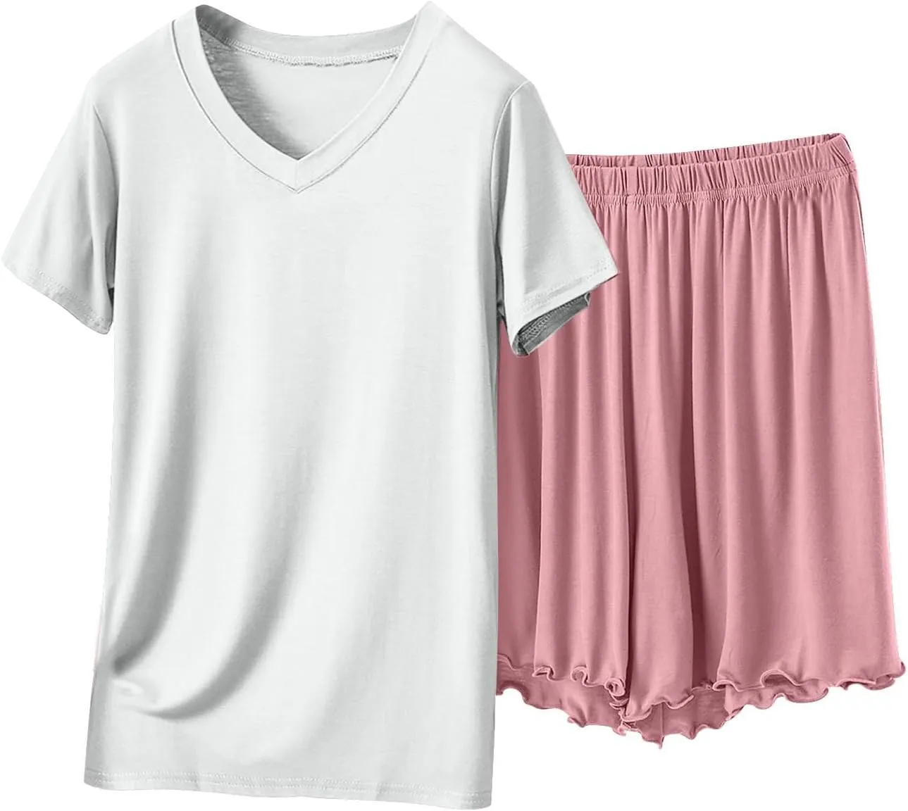 Soft Modal Pajama Sets for Women Summer Shorts Sleepwear Loose V Neck Short Sleeve Soft Loungewear Set 2 Piece Outfits