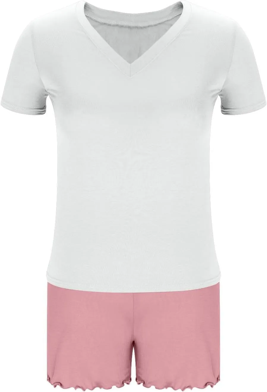 Soft Modal Pajama Sets for Women Summer Shorts Sleepwear Loose V Neck Short Sleeve Soft Loungewear Set 2 Piece Outfits