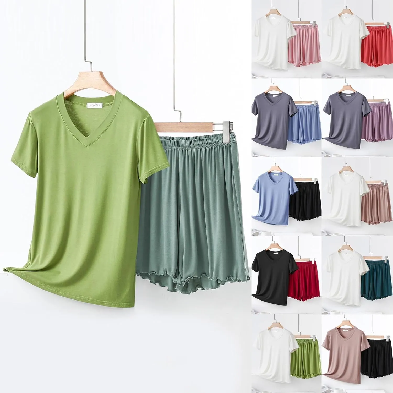 Soft Modal Pajama Sets for Women Summer Shorts Sleepwear Loose V Neck Short Sleeve Soft Loungewear Set 2 Piece Outfits