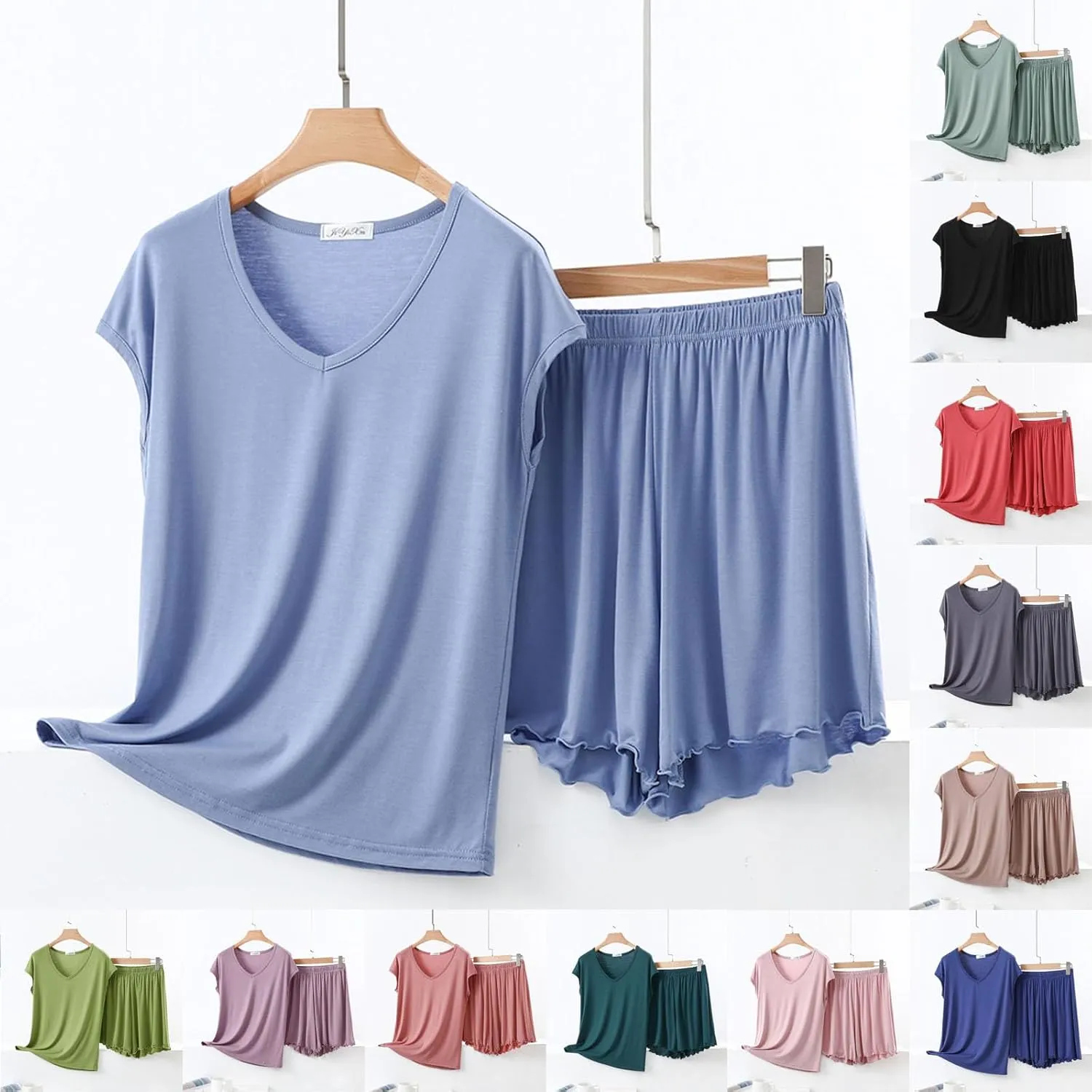 Soft Modal Pajama Sets for Women Summer Soft Shorts Sleepwear Loose Cap Sleeve V Neck Loungewear Set 2 Piece Outfits