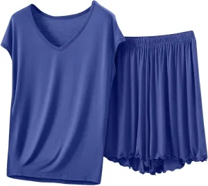 Soft Modal Pajama Sets for Women Summer Soft Shorts Sleepwear Loose Cap Sleeve V Neck Loungewear Set 2 Piece Outfits