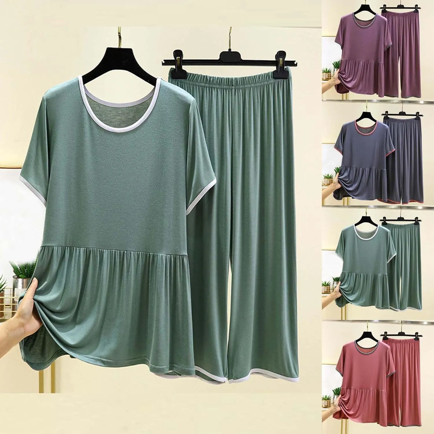 Soft Modal Summer Pajama Sets for Women 2 Piece Outfits Loose Pleated Short Sleeve Tshirt and Capri Pants Loungewear Set
