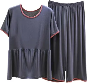 Soft Modal Summer Pajama Sets for Women 2 Piece Outfits Loose Pleated Short Sleeve Tshirt and Capri Pants Loungewear Set