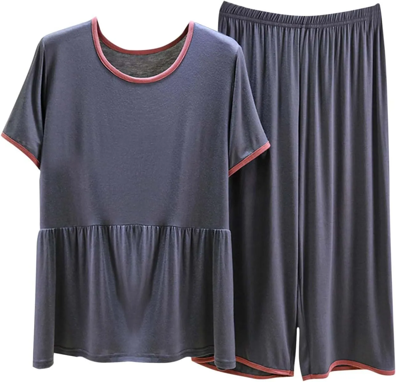 Soft Modal Summer Pajama Sets for Women 2 Piece Outfits Loose Pleated Short Sleeve Tshirt and Capri Pants Loungewear Set