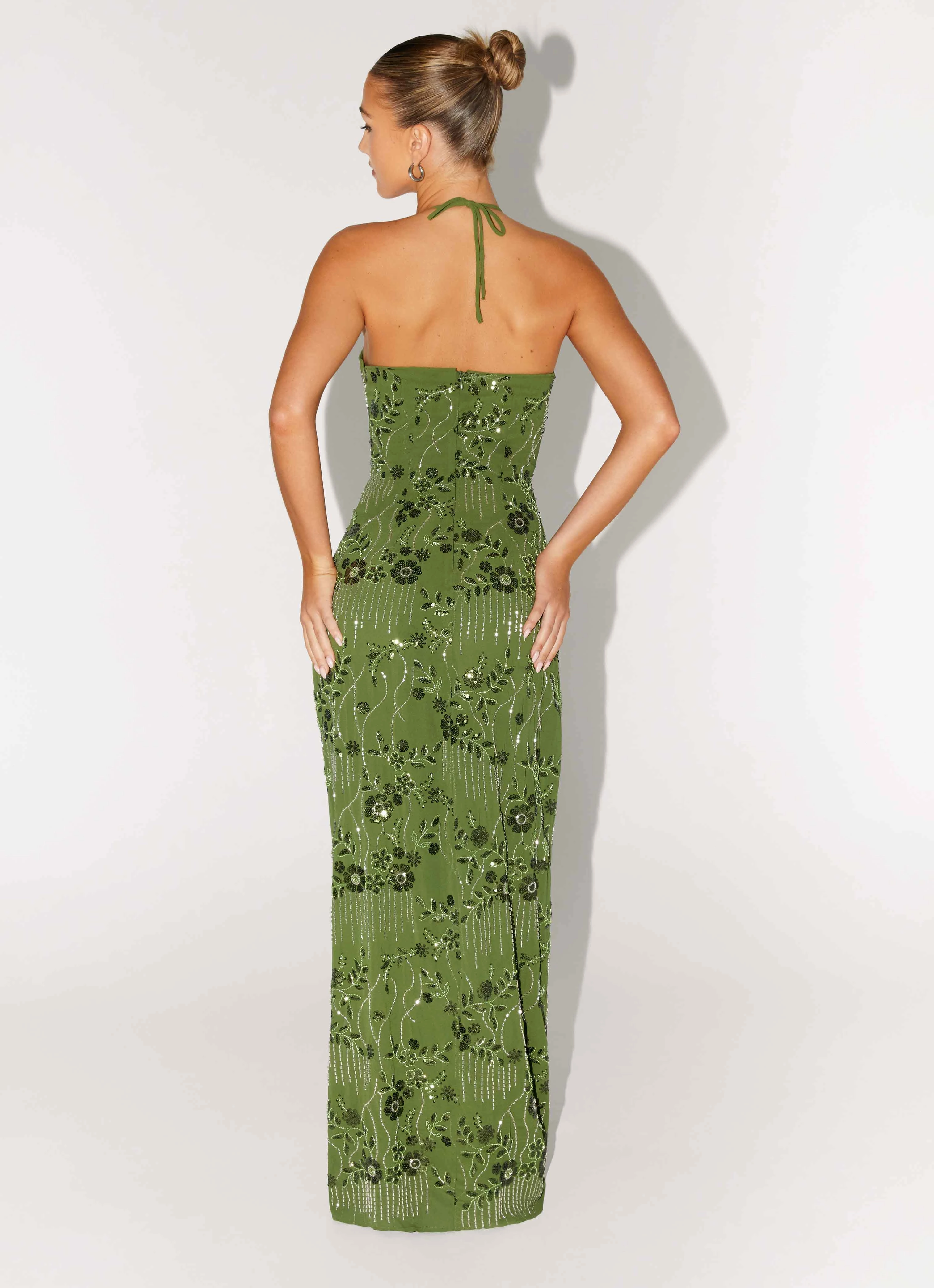Phoenicia Beaded Maxi Dress - Khaki Street Mood Joyful Look