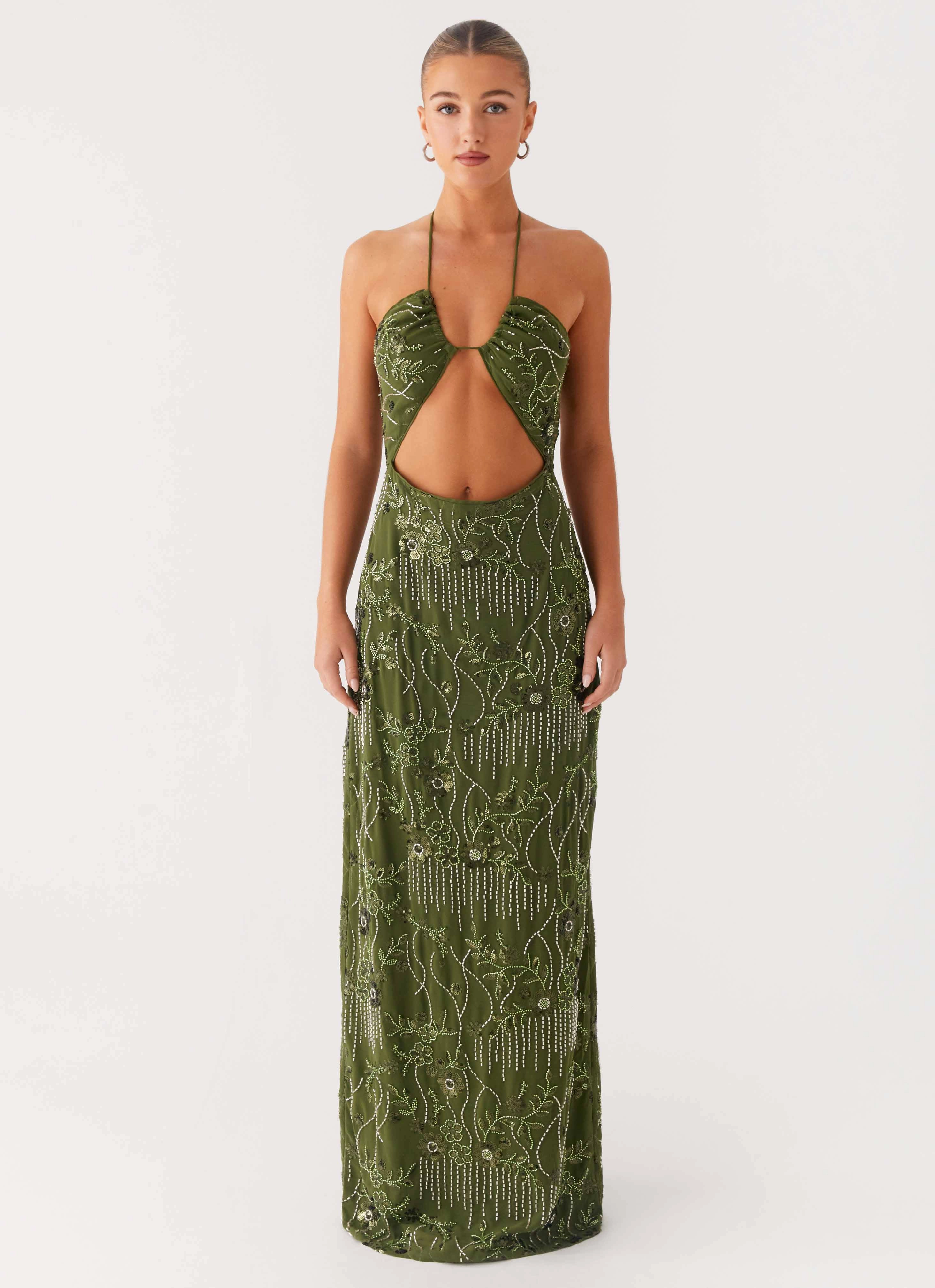 Phoenicia Beaded Maxi Dress - Khaki Street Casual Feminine Cut