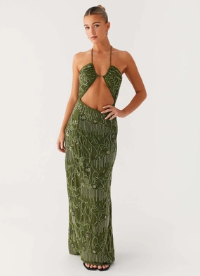 Phoenicia Beaded Maxi Dress - Khaki V-Neck Night Charm