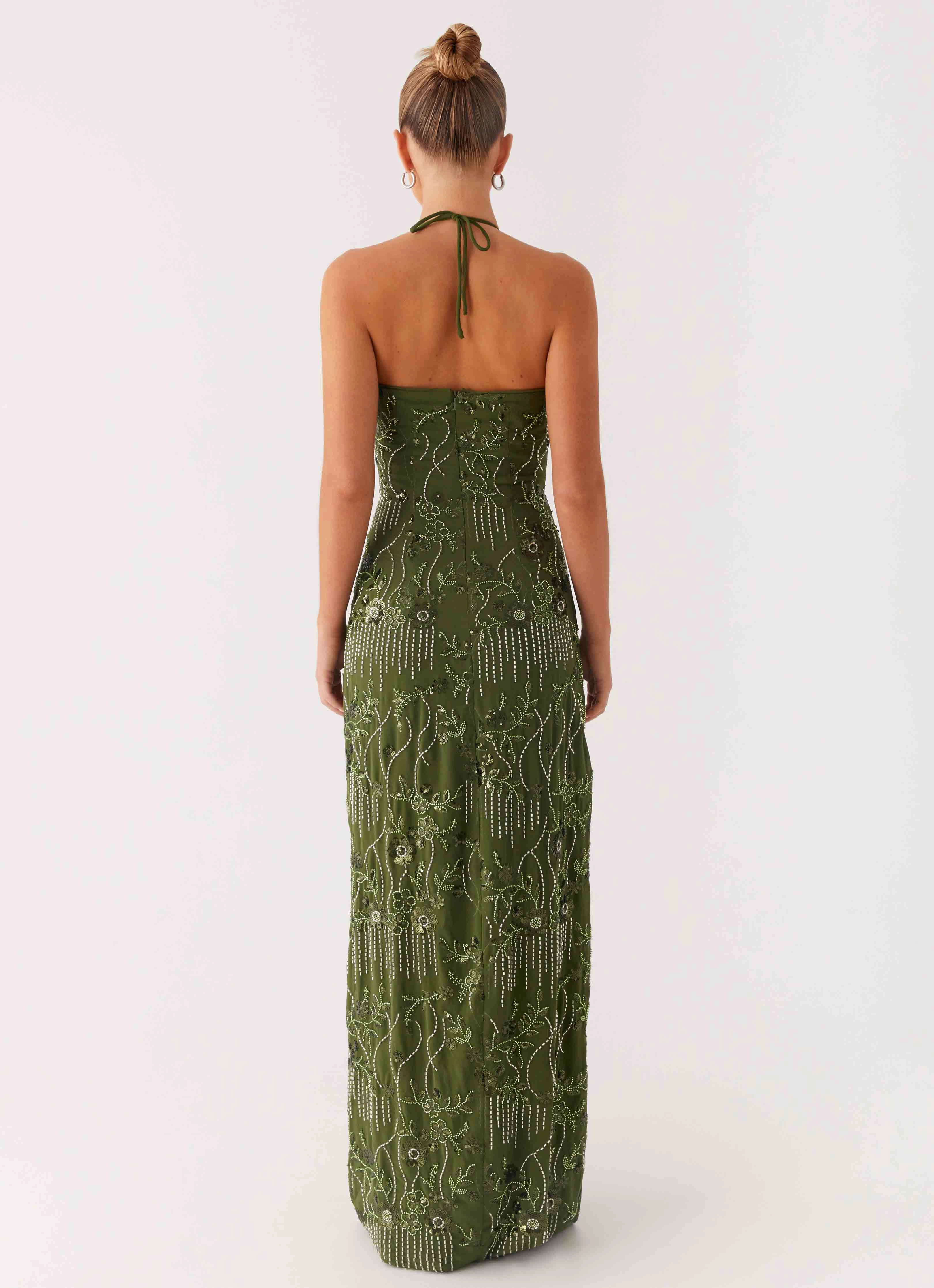 Flattering Waistband Feminine Layers Phoenicia Beaded Maxi Dress - Khaki