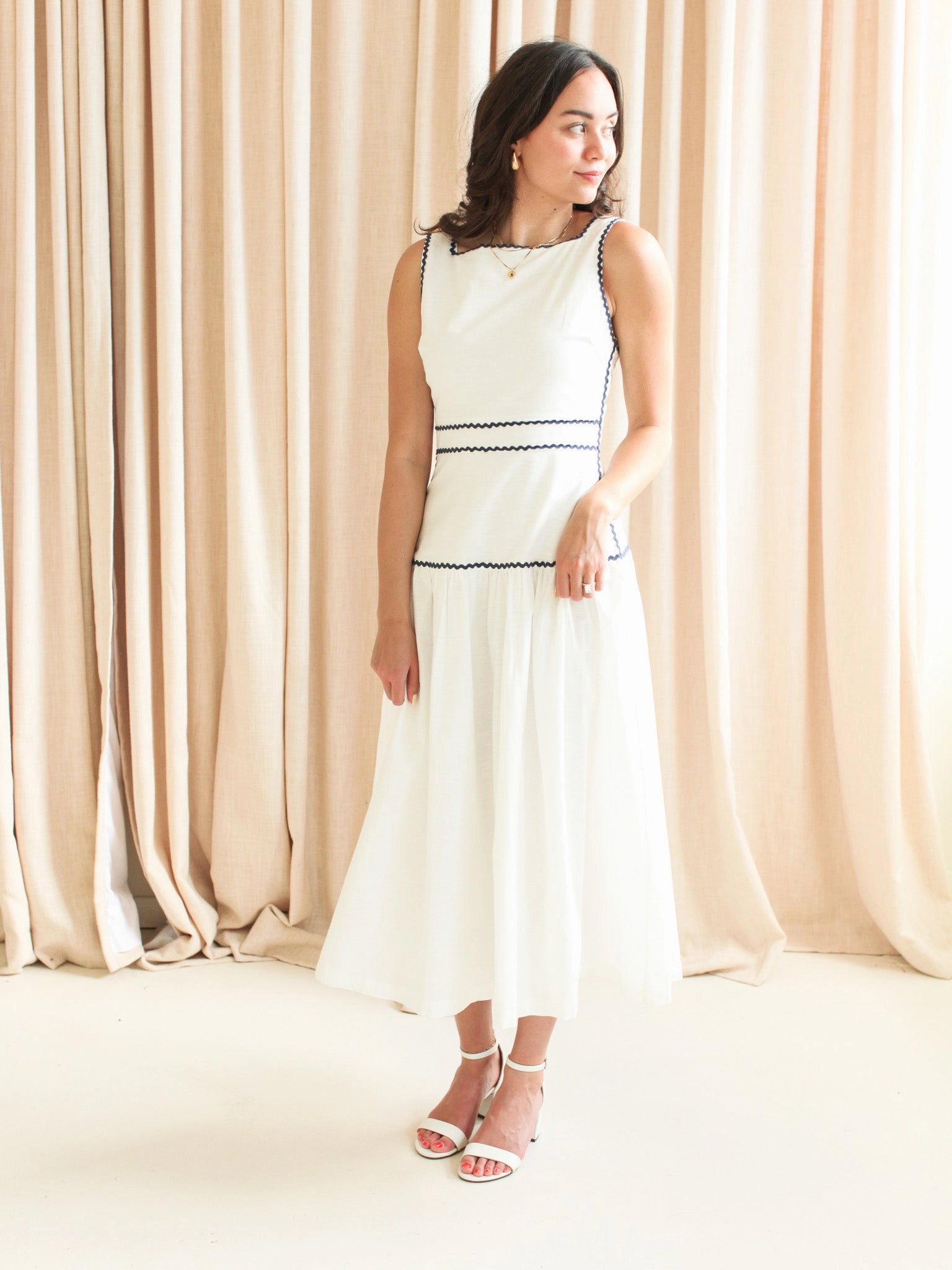 Slim Touch Side-Slit Adeline RicRac Midi Dress - Navy