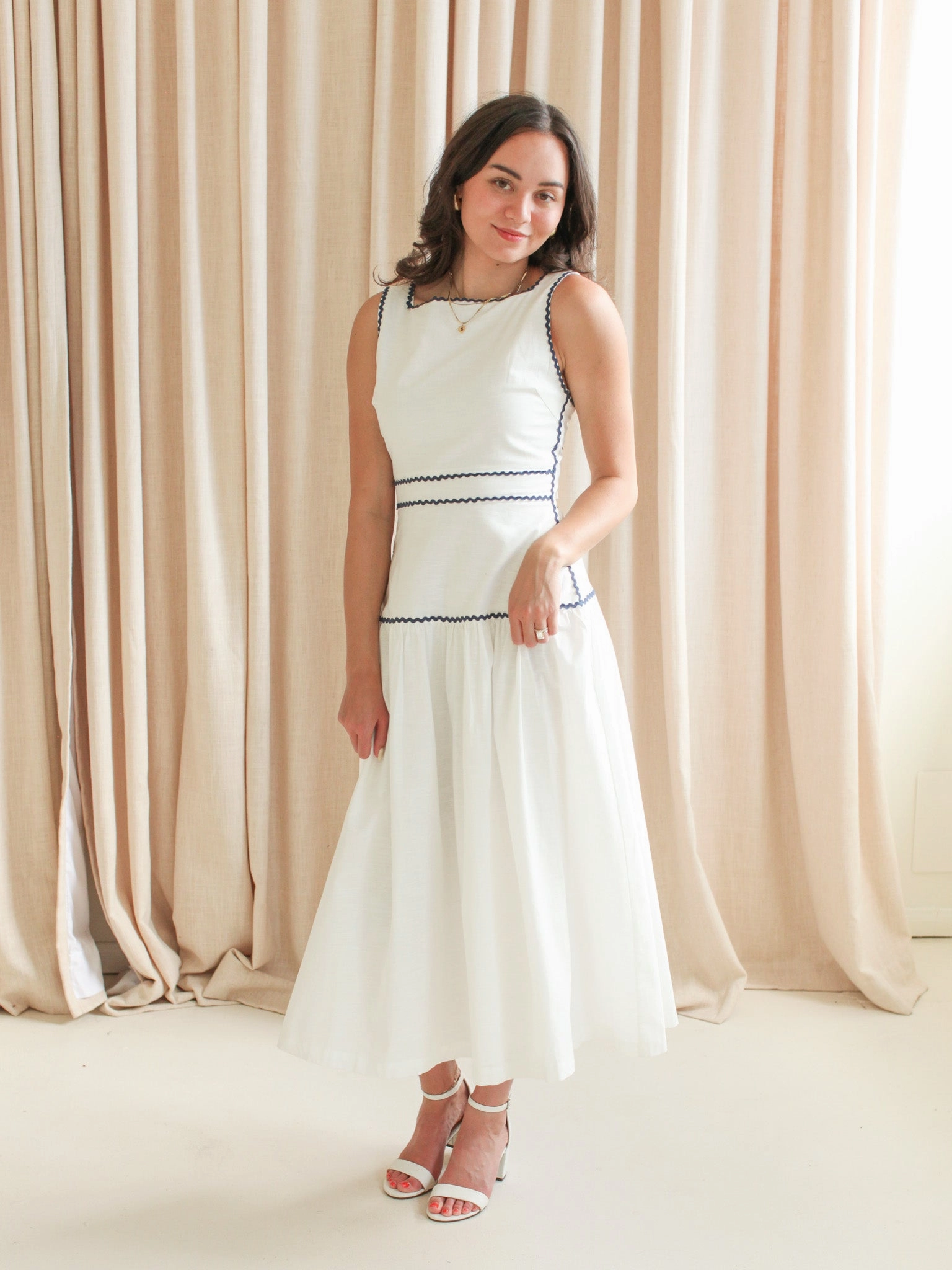 Sporty-Look Effortless Layer Wear Adeline RicRac Midi Dress - Navy
