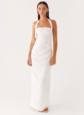 Halter-Neck Side Pleats Rumour Has it Maxi Dress - White