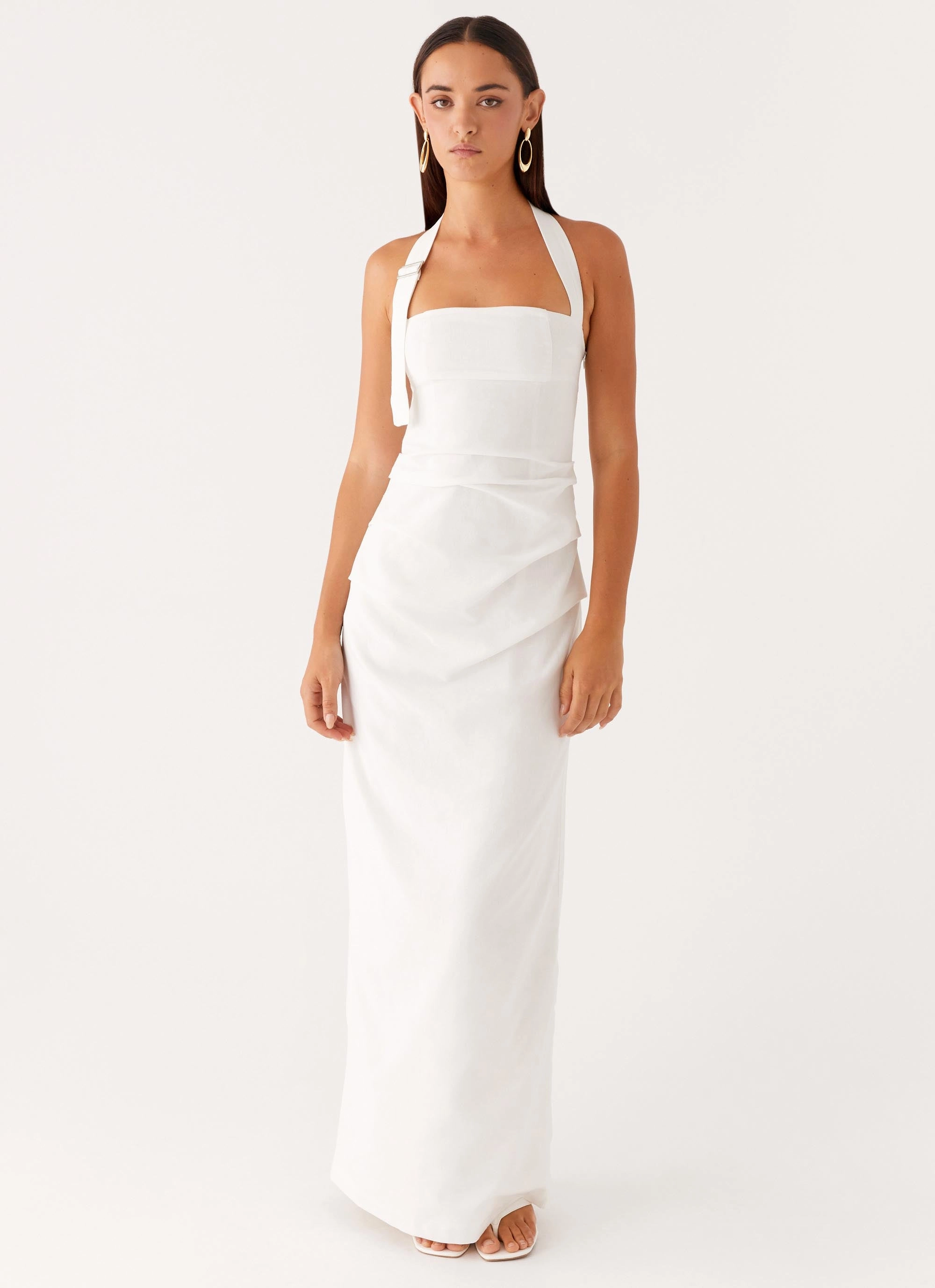 Halter-Neck Side Pleats Rumour Has it Maxi Dress - White