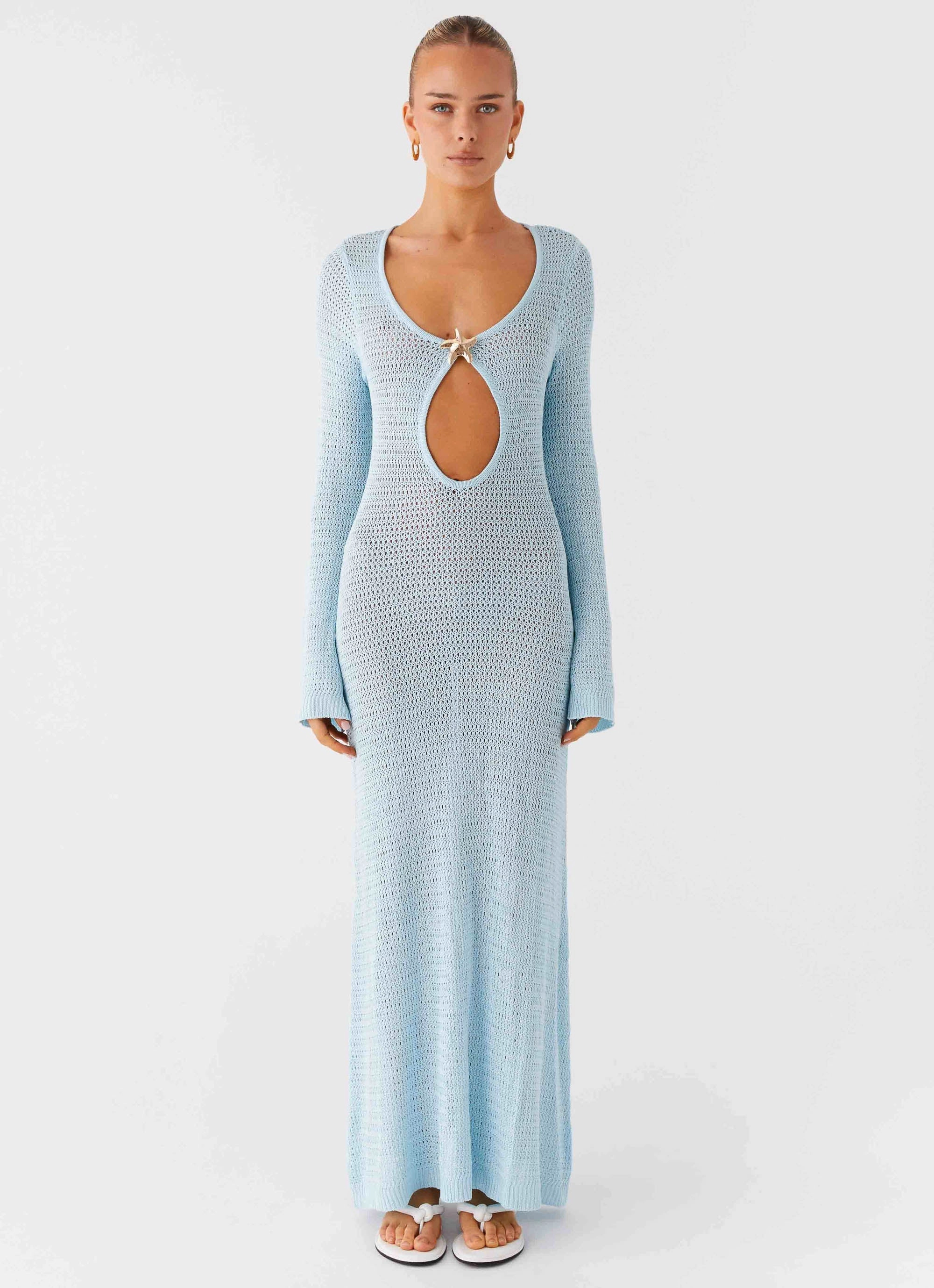 Lightweight-Comfort Tiered Skirt Seascape Chochet Maxi Dress - Blue