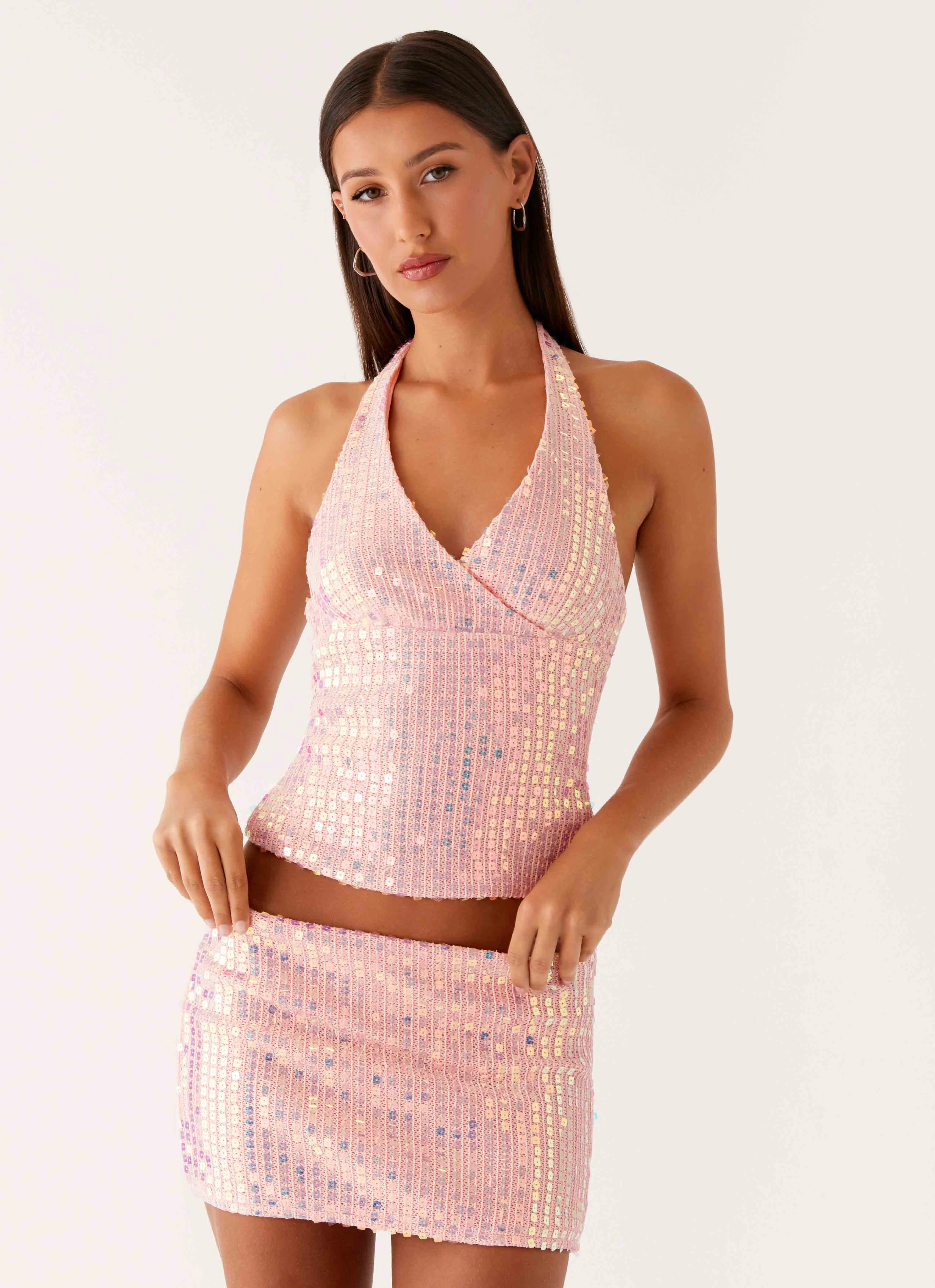 Been That Girl Knit Sequin Mini Skirt - Iridescent Pink Diagonal Slit Flexible Comfort