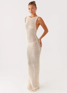Lace-Trim Chic and Cozy Beach House Crochet Maxi Dress - White