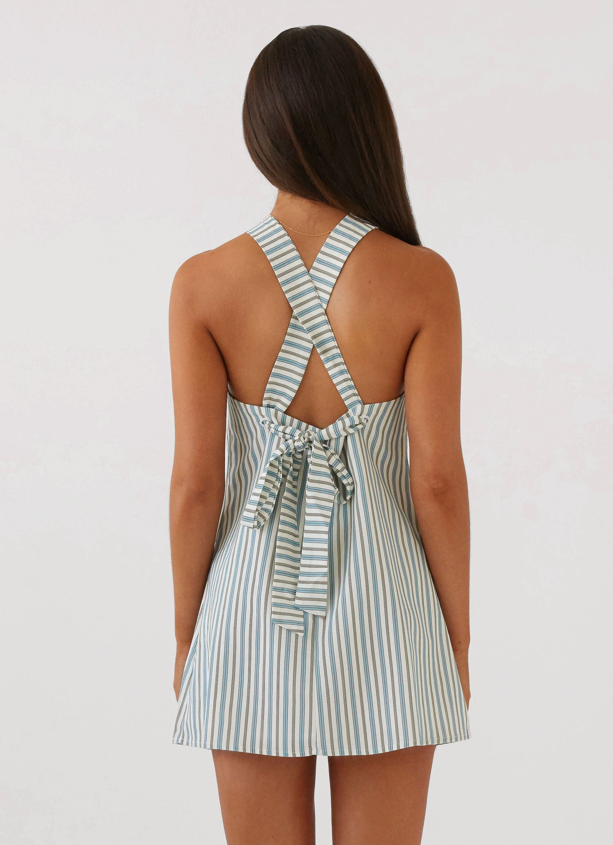 Keira Linen Mini Dress - Blue Choc Stripe Diagonal Slit Comfortable Feel