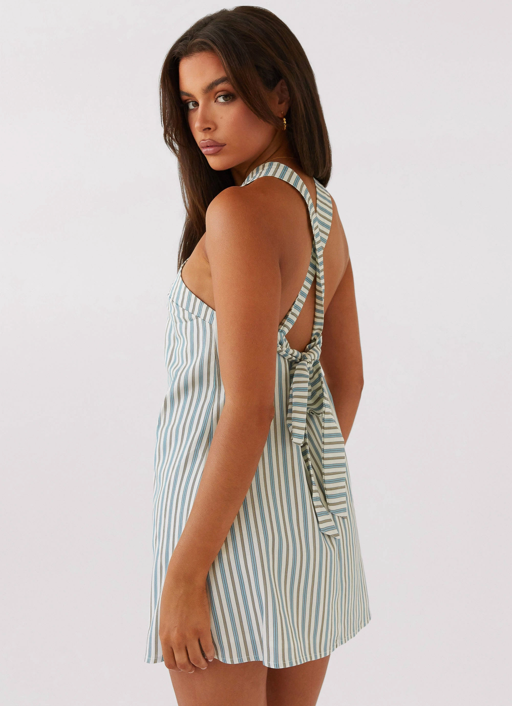 Subtle Finish Back Slit Keira Linen Mini Dress - Blue Choc Stripe