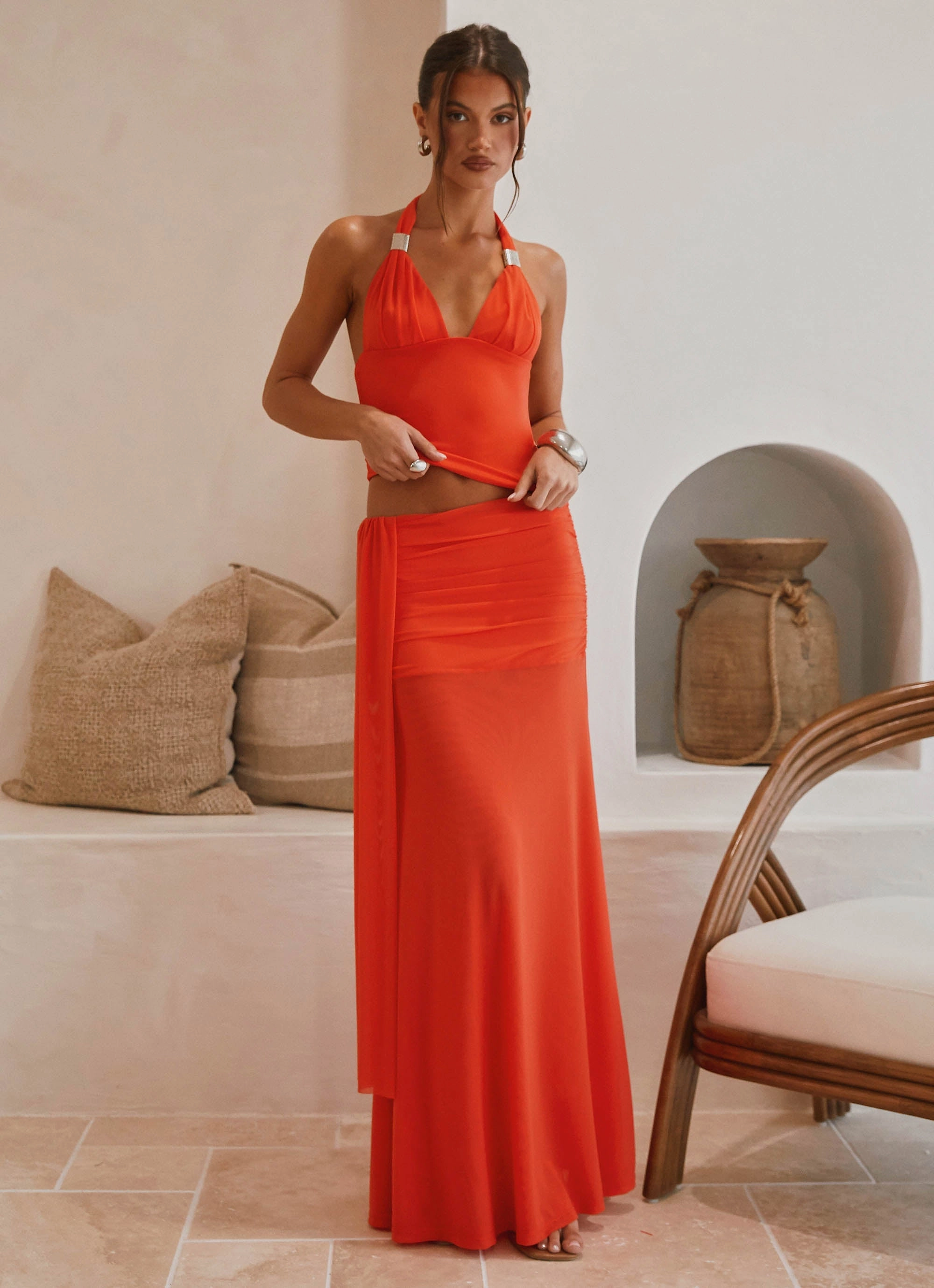Slim Fit Design Blaze Halter Top - Fire Red