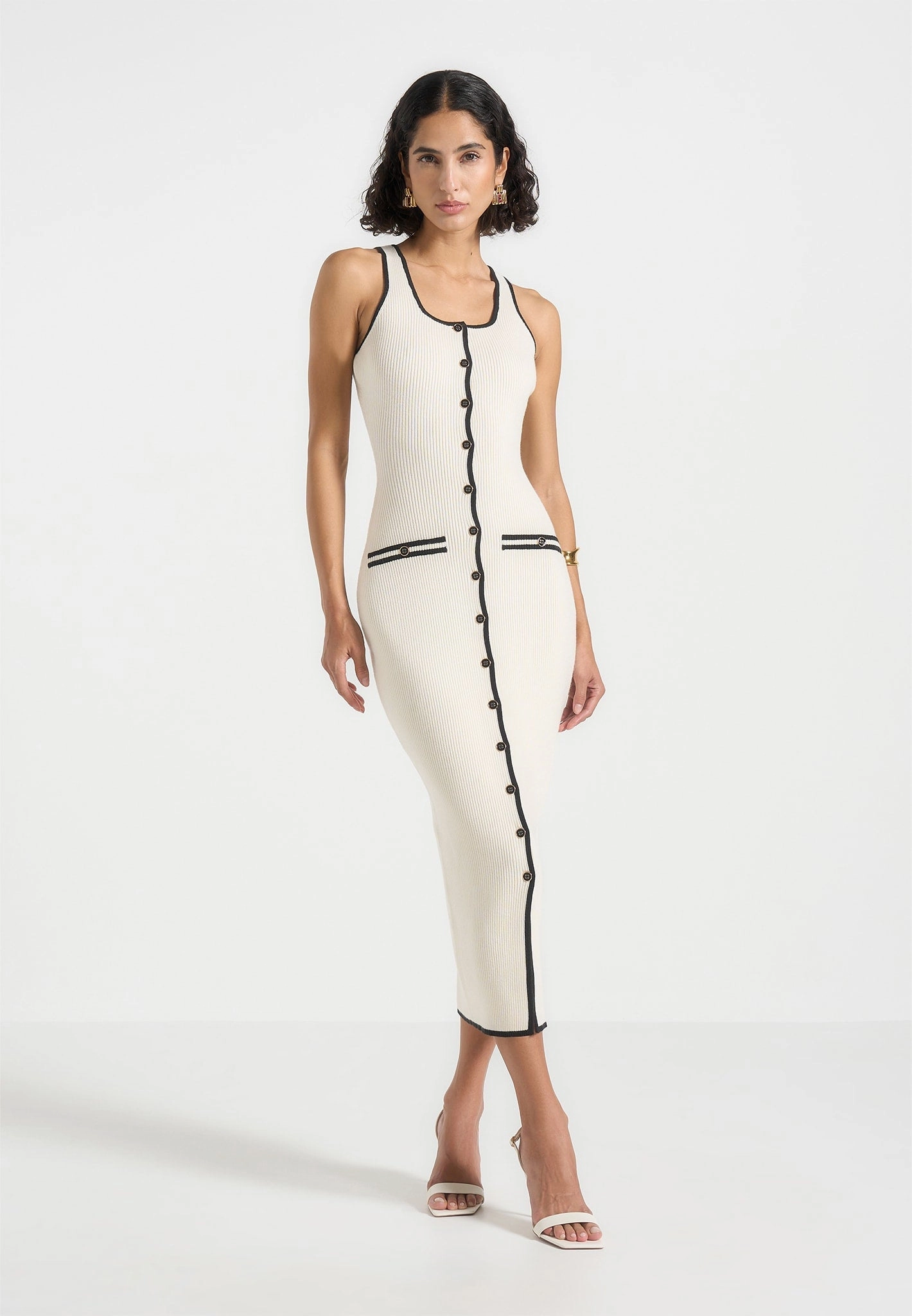 Daphne - Rib Knit Contrast Midaxi Dress - Cream/Black Fitted Shape Layered Look