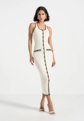 Daphne - Rib Knit Contrast Midaxi Dress - Cream/Black Fitted Shape Layered Look
