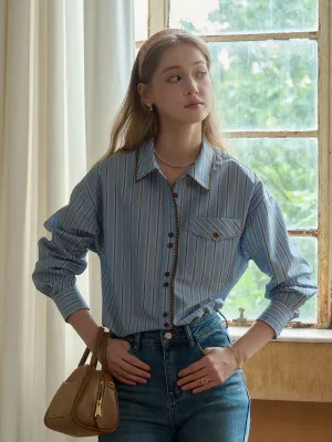 Astrid Lapel Pocket Stripe Blouse Relaxed Design
