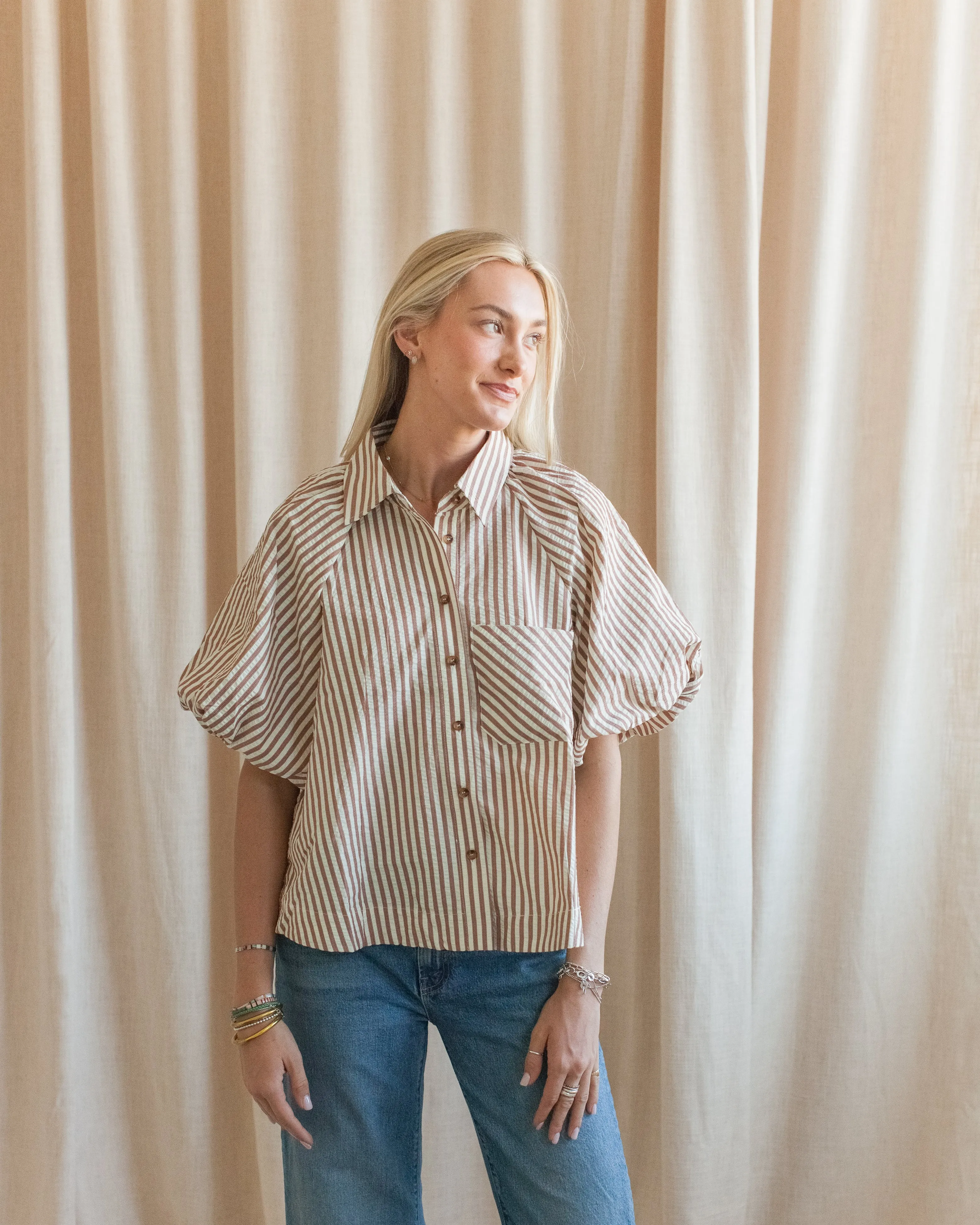 Sophie Pinstripe Blouse - Brown Flexible Neckline SoftTouch