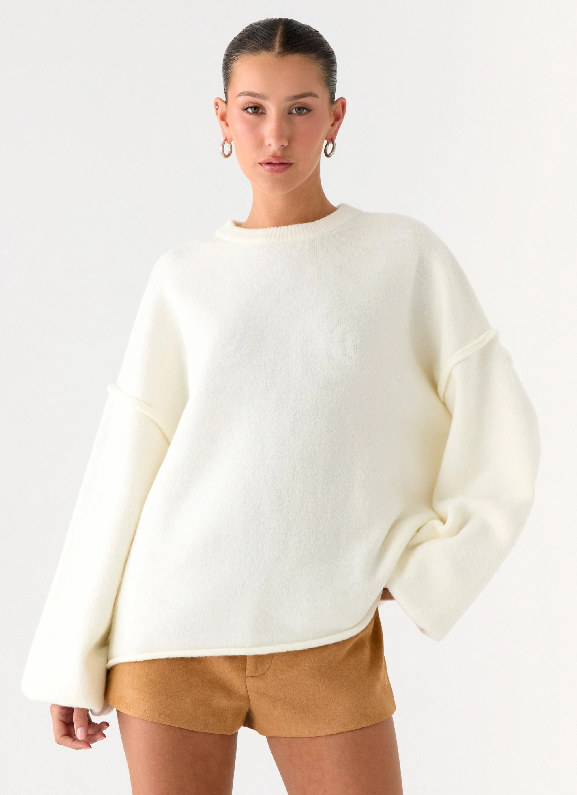 Modern Fit Snow Block Jack Oversized Knit Sweater - Cream
