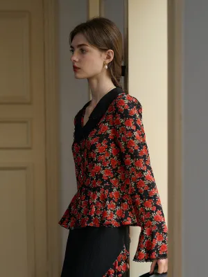 ??Final Sale??Kamiyah Elegant Notched Lapel Contrasting Floral Blouse YarnDyedFabric Simple Cut