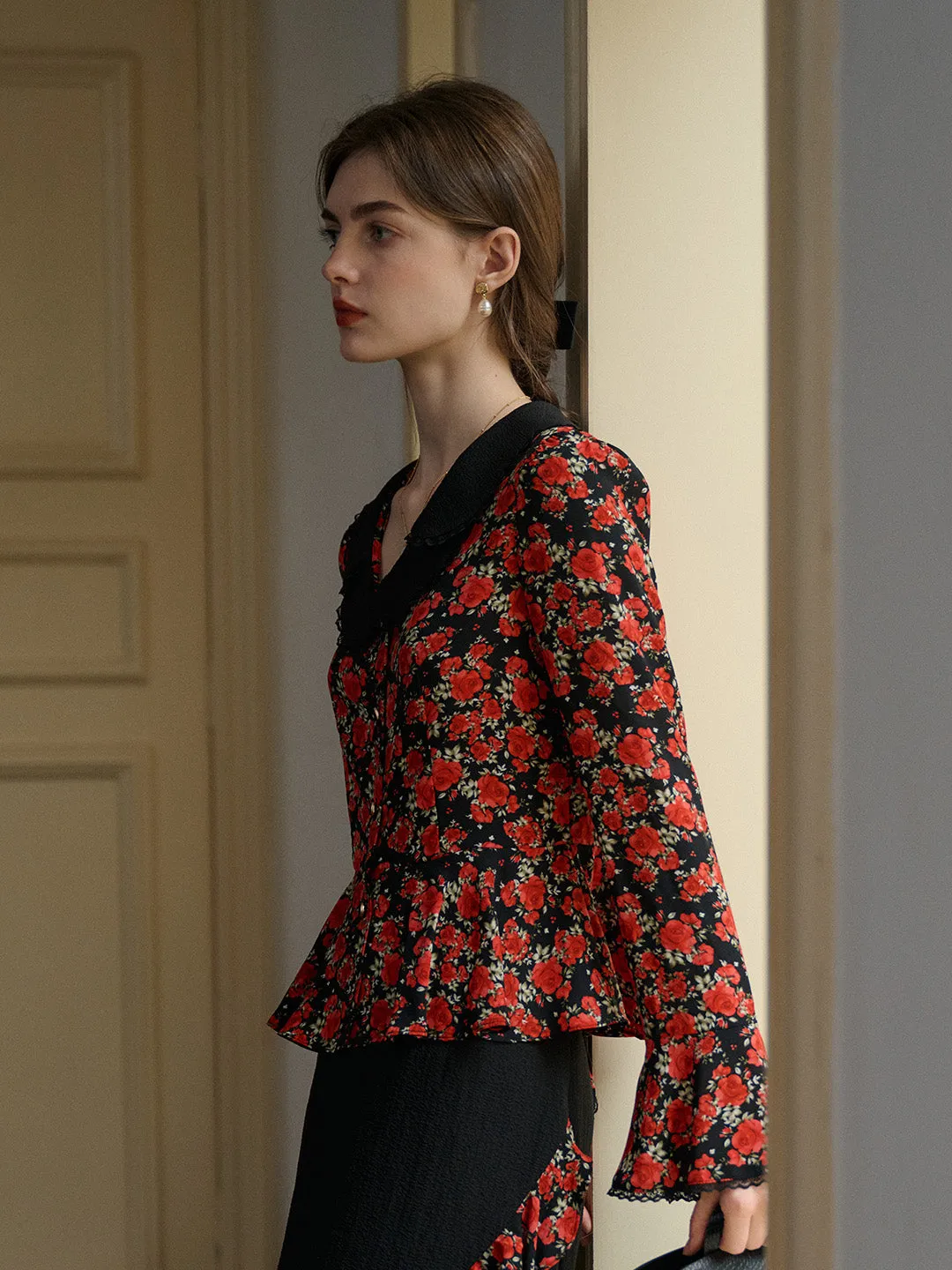 Garment Washed Softness ??Final Sale??Kamiyah Elegant Notched Lapel Contrasting Floral Blouse