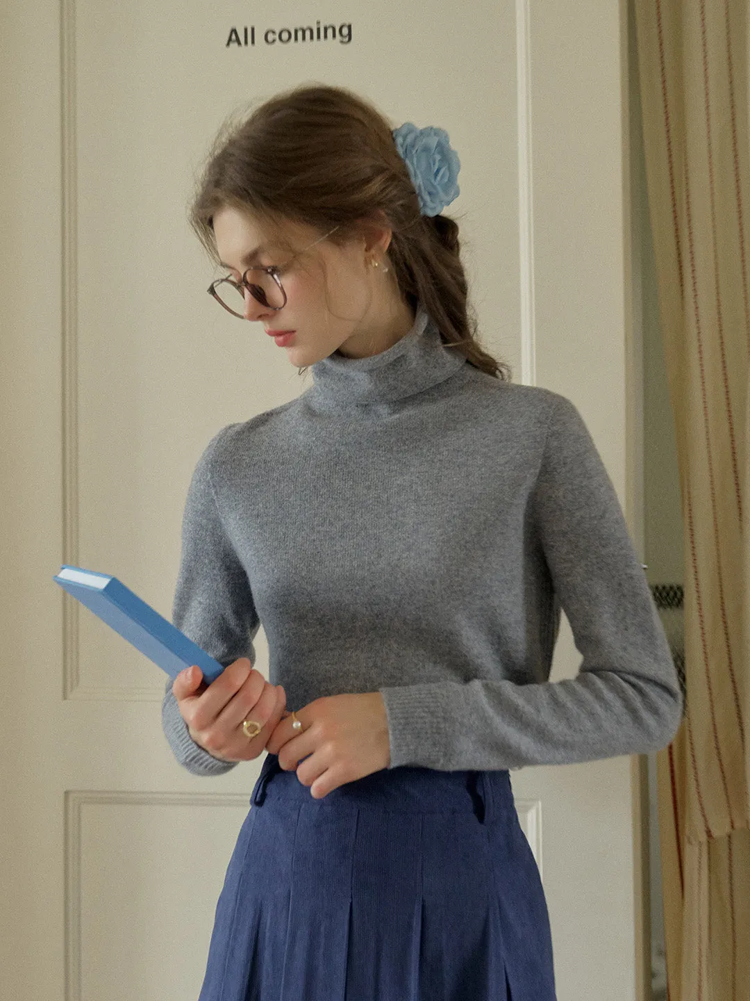 Solana Basic Versatile Turtleneck 100% Wool Sweater - Blue Antistatic Lightweight