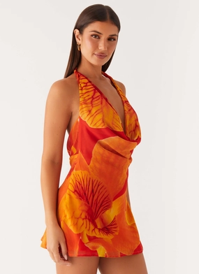 Hemp Blend Solar Beam Cowl Mini Dress - Serene Orange
