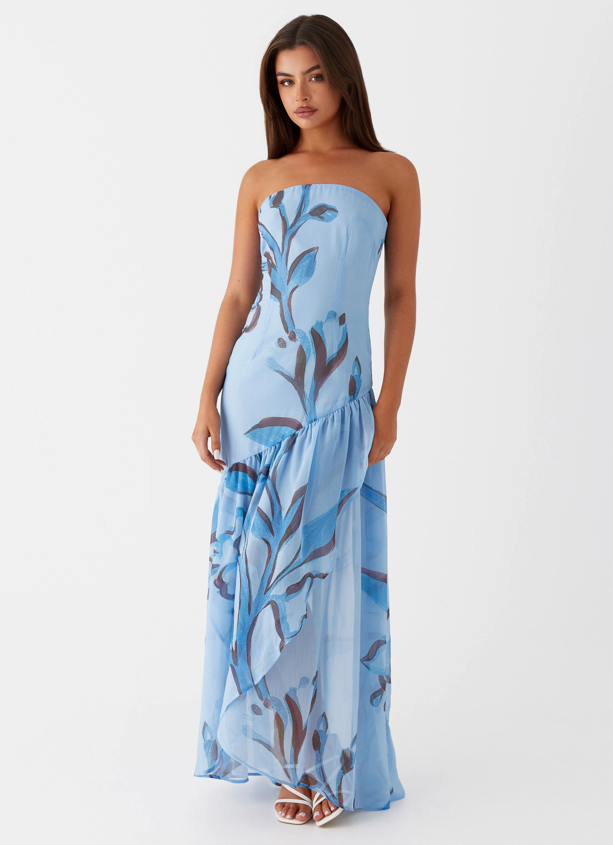 Solaris Strapless Maxi Dress - Blue Floral Asymmetrical hem