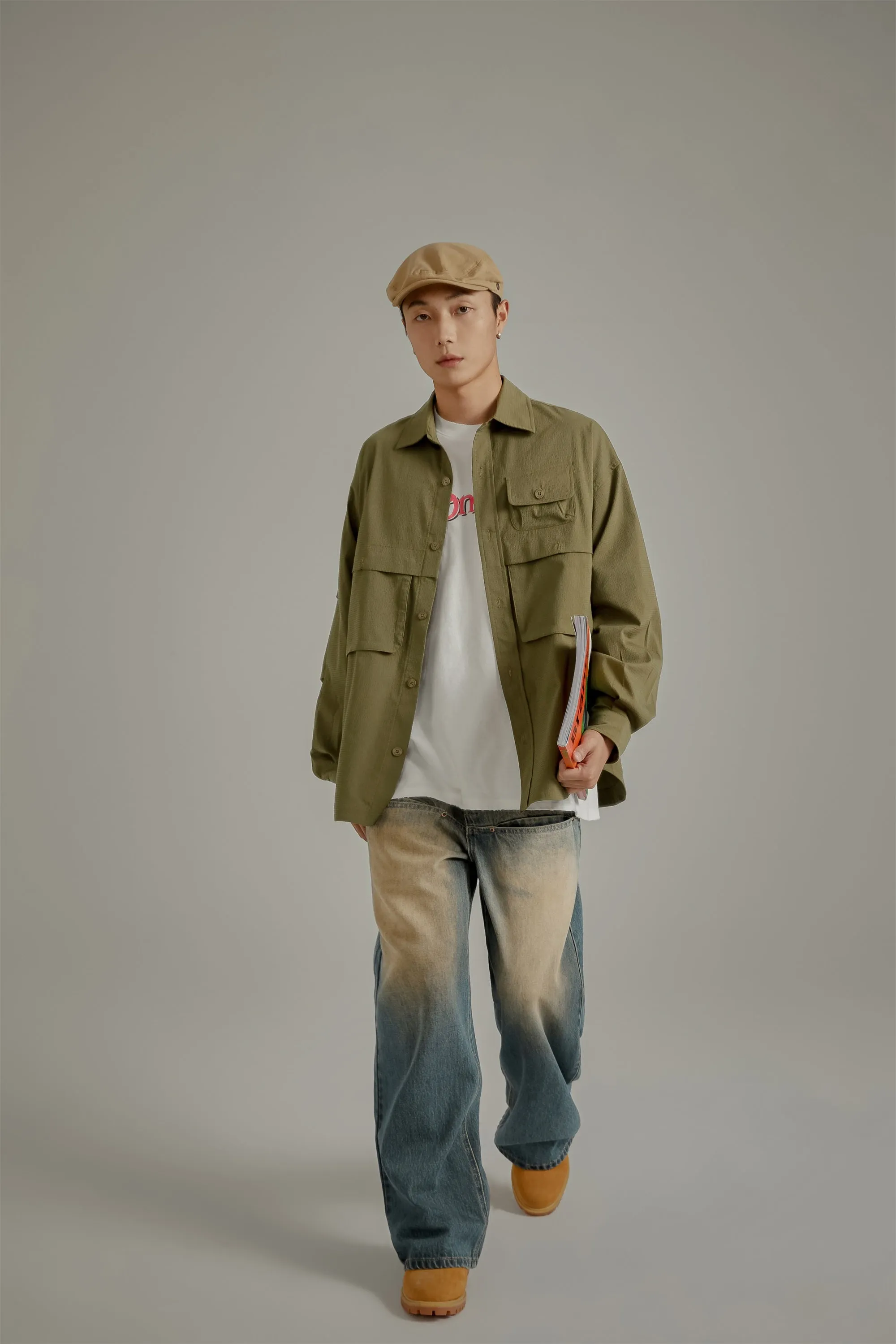 Solid Color Pocket Oversized Long Sleeve Shirt