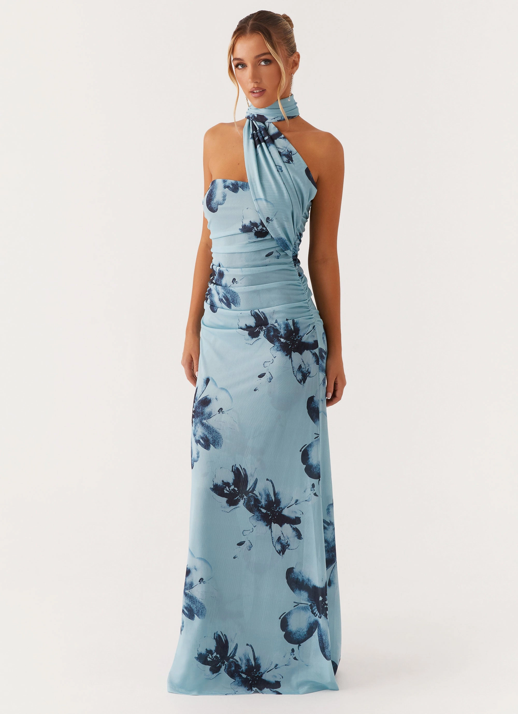 Sleek Draping Songbird Maxi Dress - Blue Black Floral