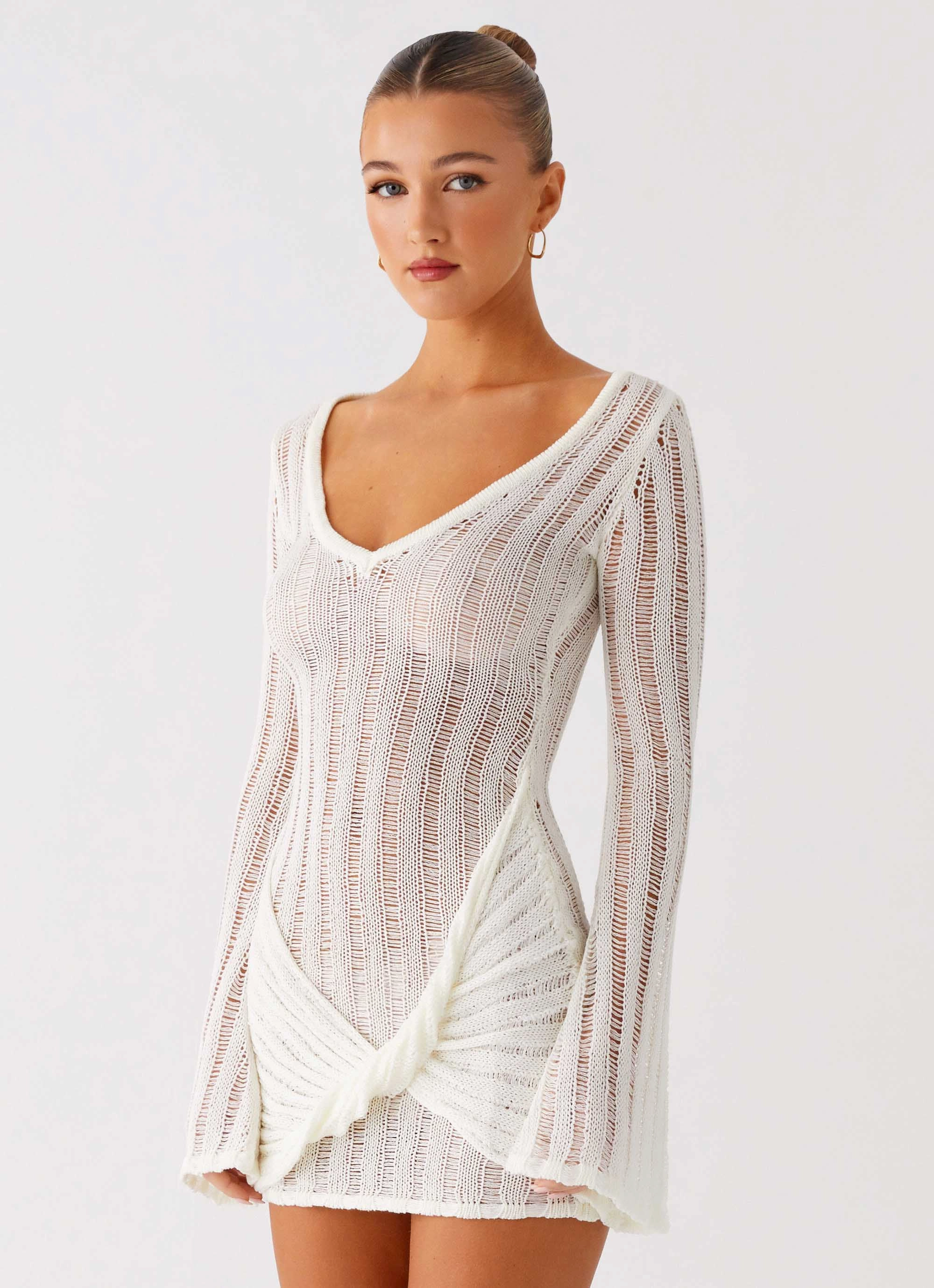 Sorelle Long Sleeve Twist Mini Dress - Ivory Beach Day
