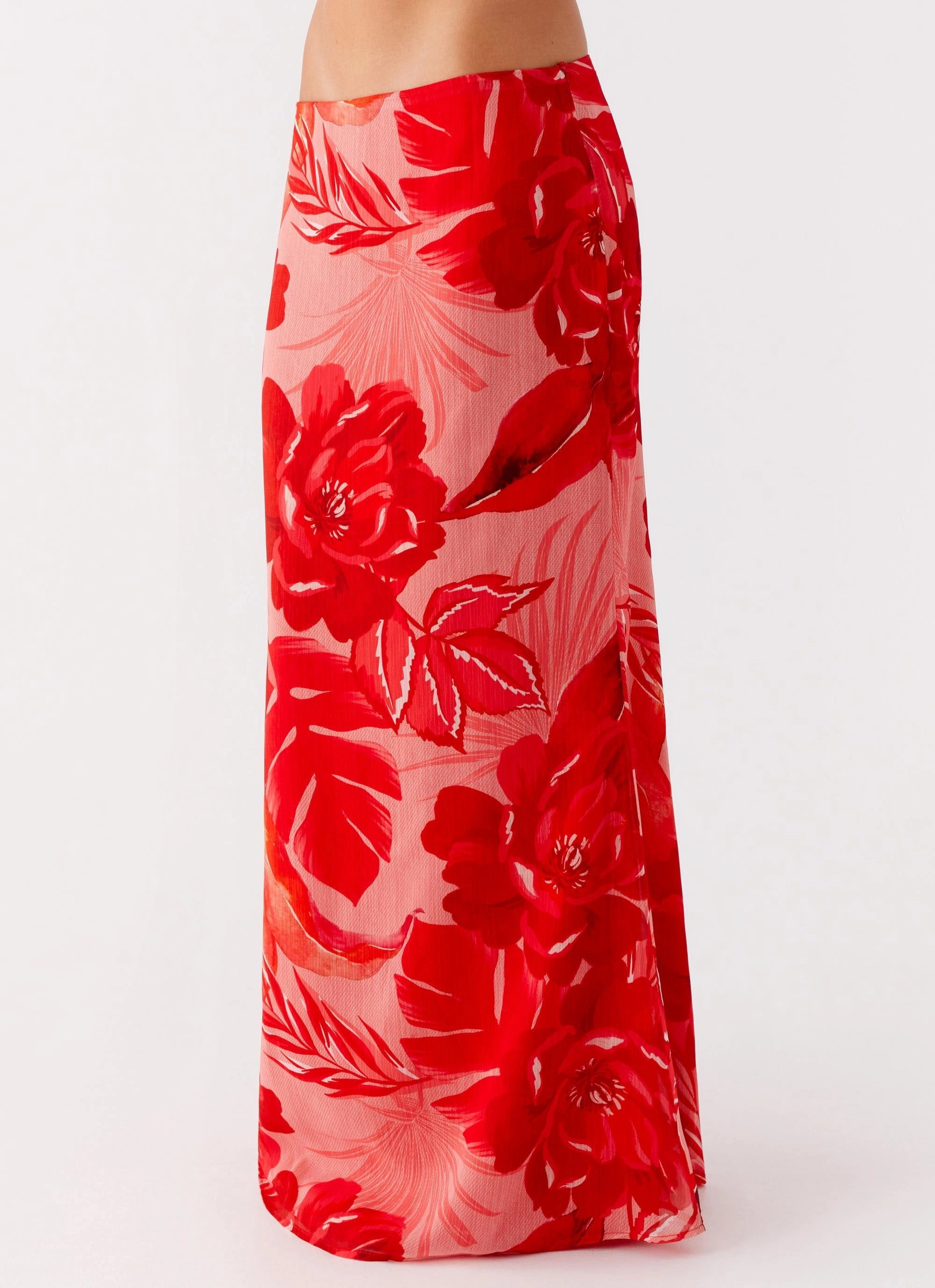 Bohemian vibe Elastic hemline Soulful Low Rise Maxi Skirt - Sicily Sunsets Print
