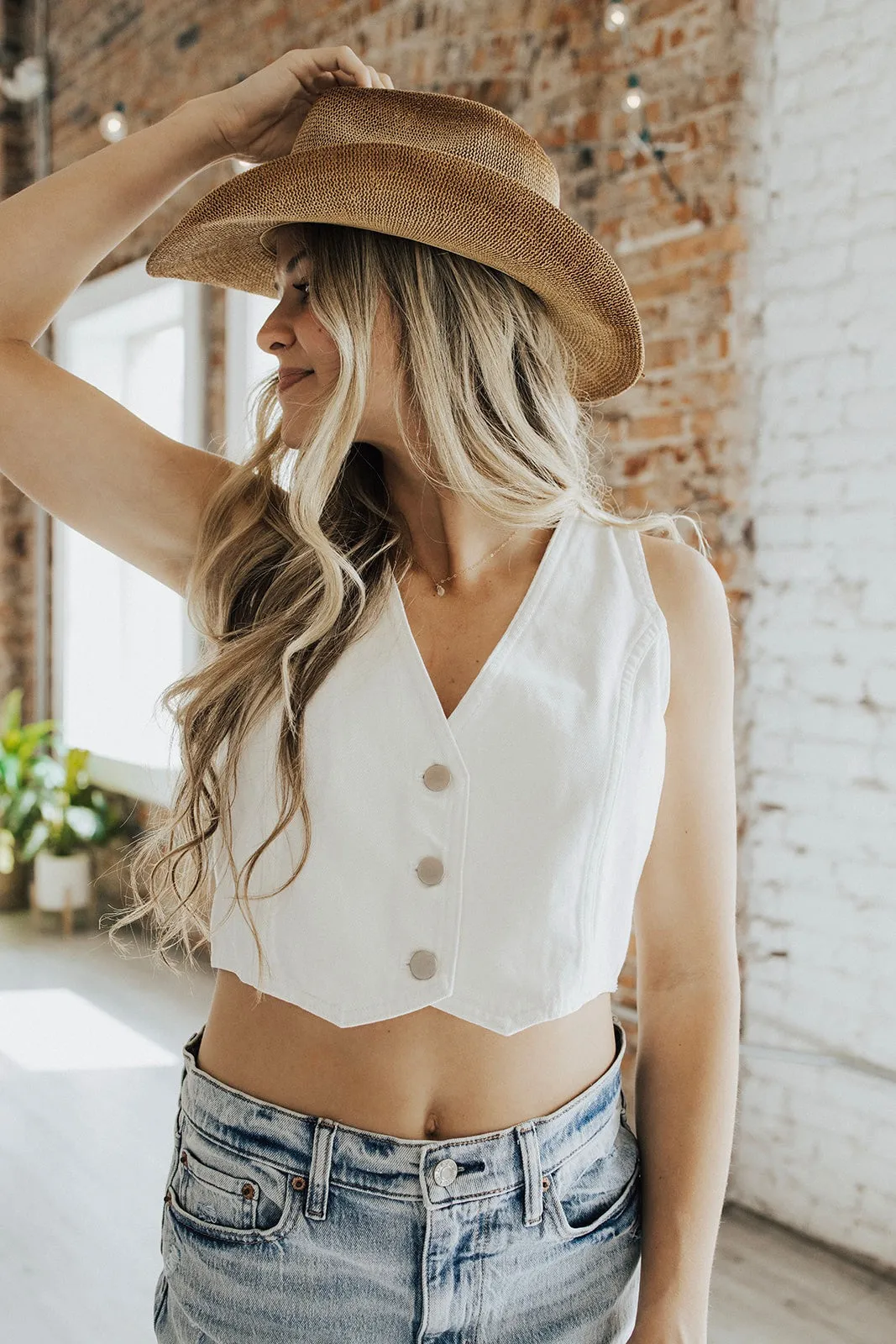 Curved Hemline Space Cowboy Washed Denim Vest