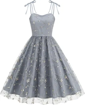 Spaghetti Strap Floral Embroidered Dress for Women Wedding Guest Tea Party Dress for Woman Tulle Prom Formal Cocktail Dress
