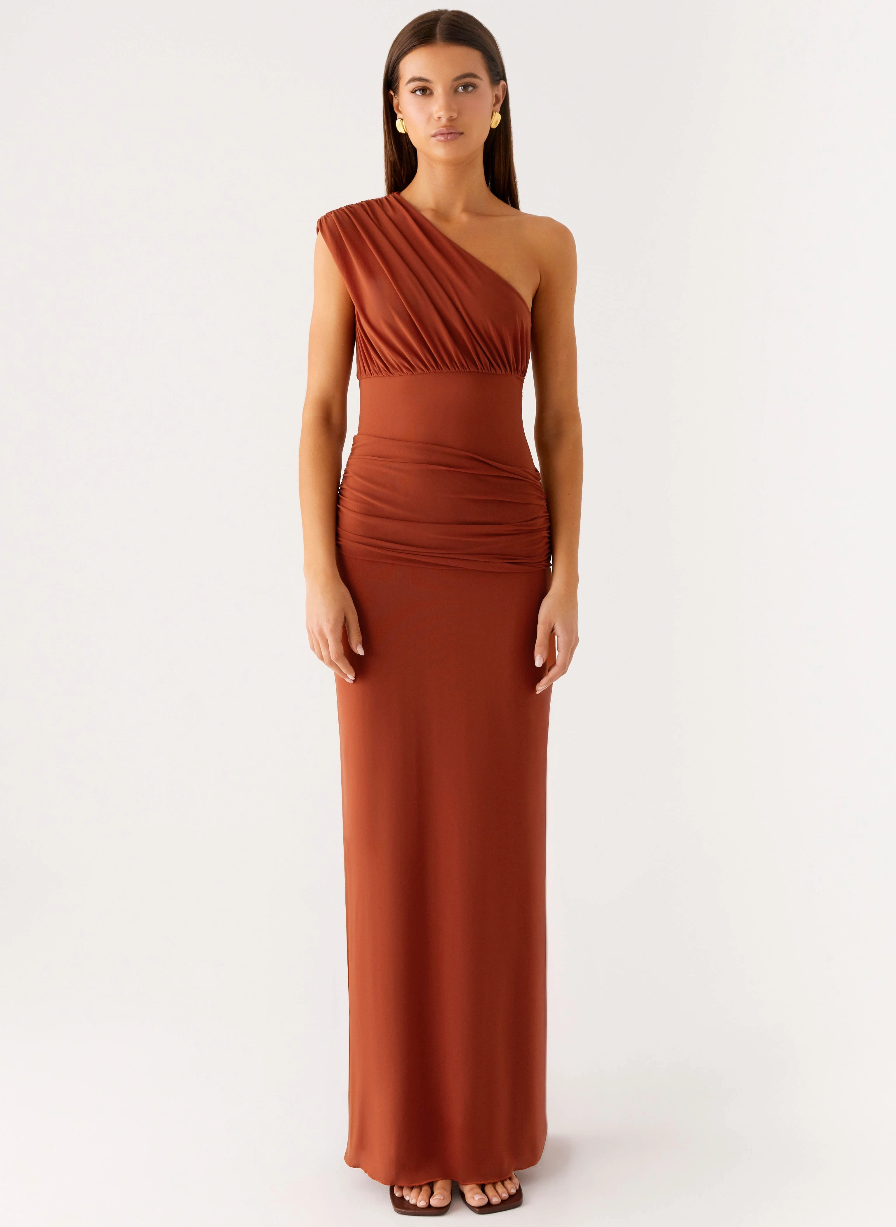 Picture Perfect Work Ready Glimmer Maxi Dress - Rust