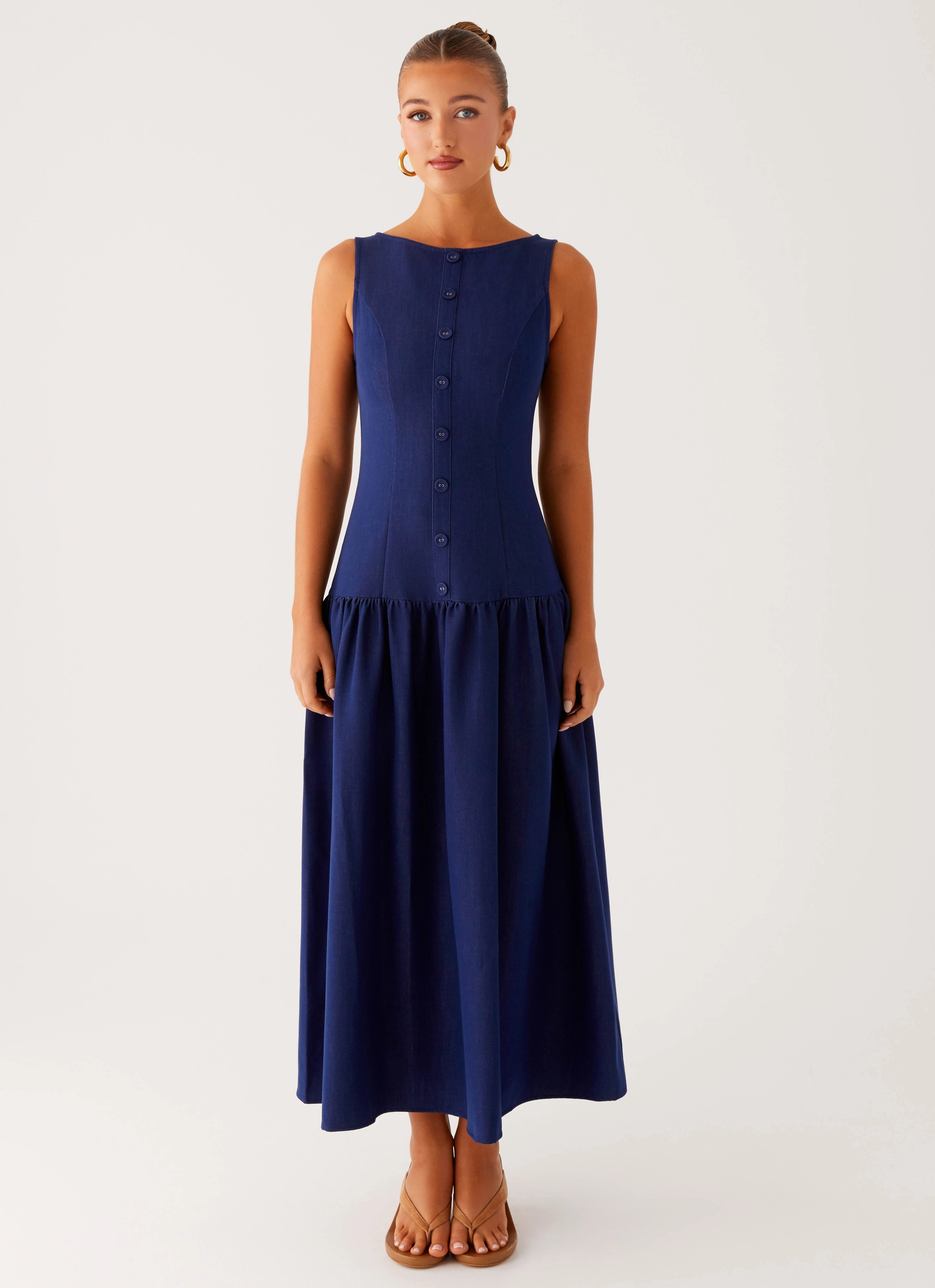 Premium Fabric Lace Detail Hayes Denim Midi Dress - Indigo