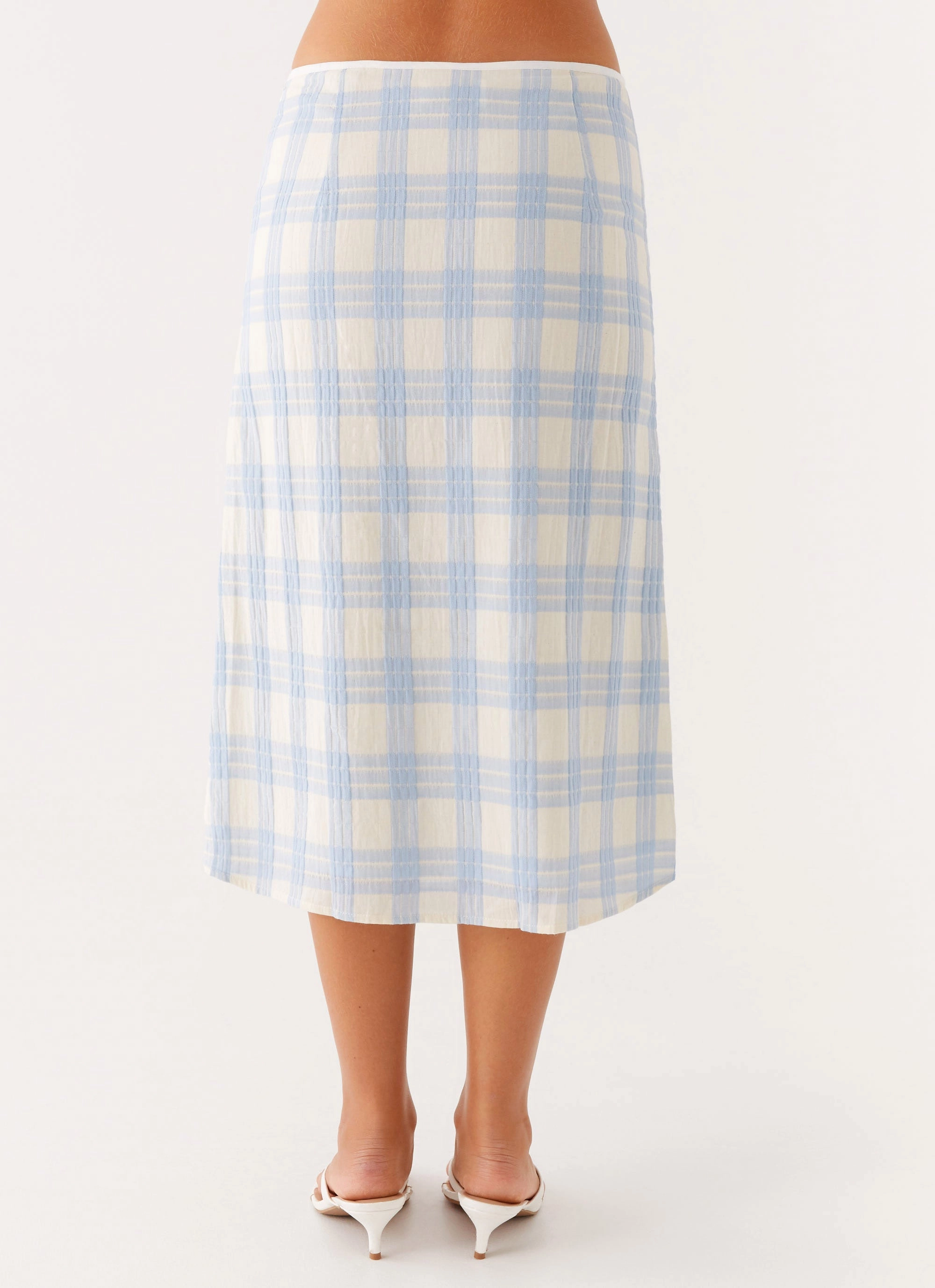 Esther Midi Skirt - Blue Check Seersucker Wrinkle Resistant Weekend Ready