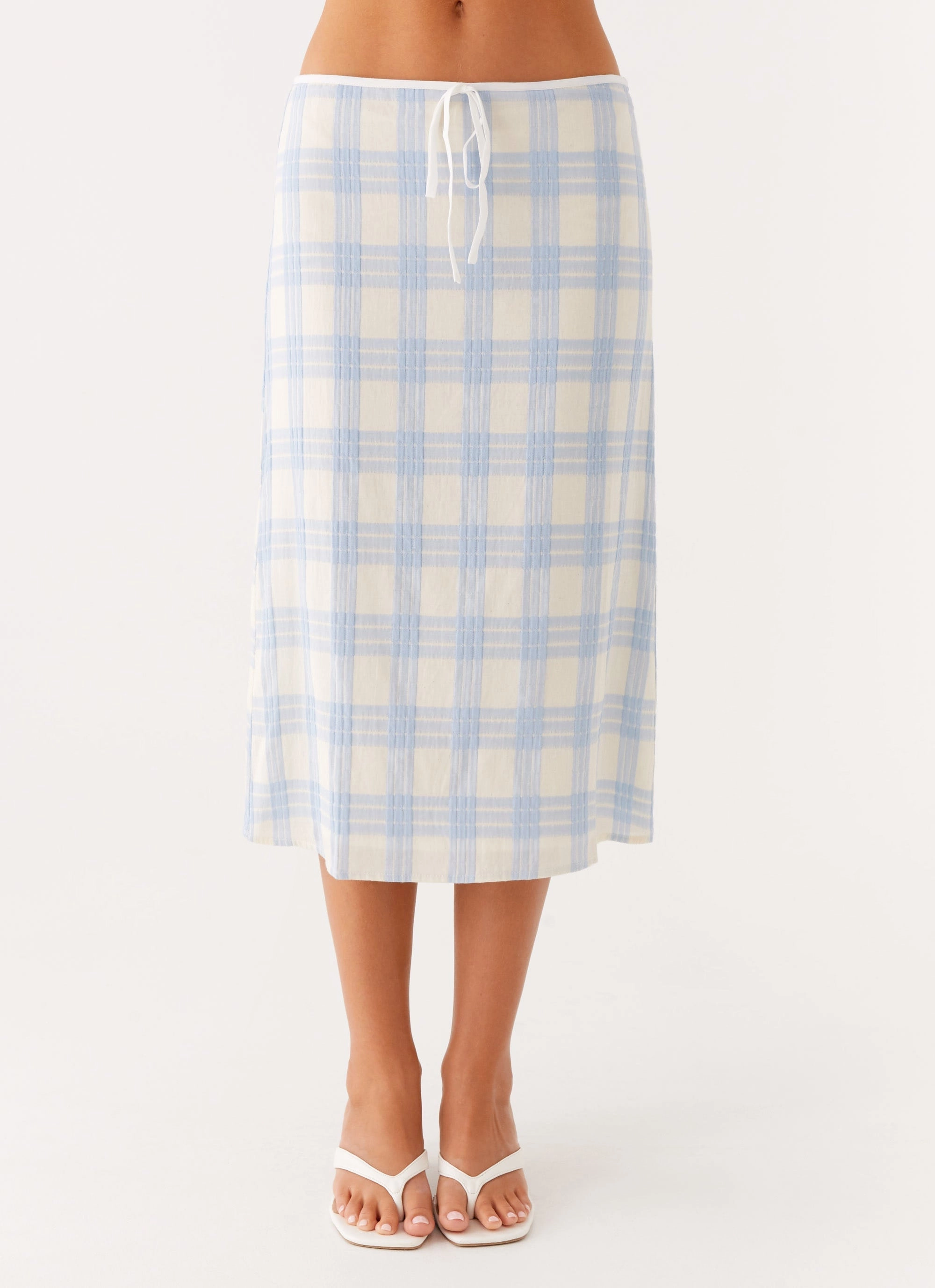 Esther Midi Skirt - Blue Check Seersucker Minimalist Layering Timeless Wear