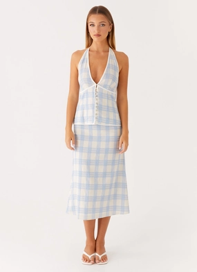 Friction Free Crisscross Back Esther Midi Skirt - Blue Check Seersucker