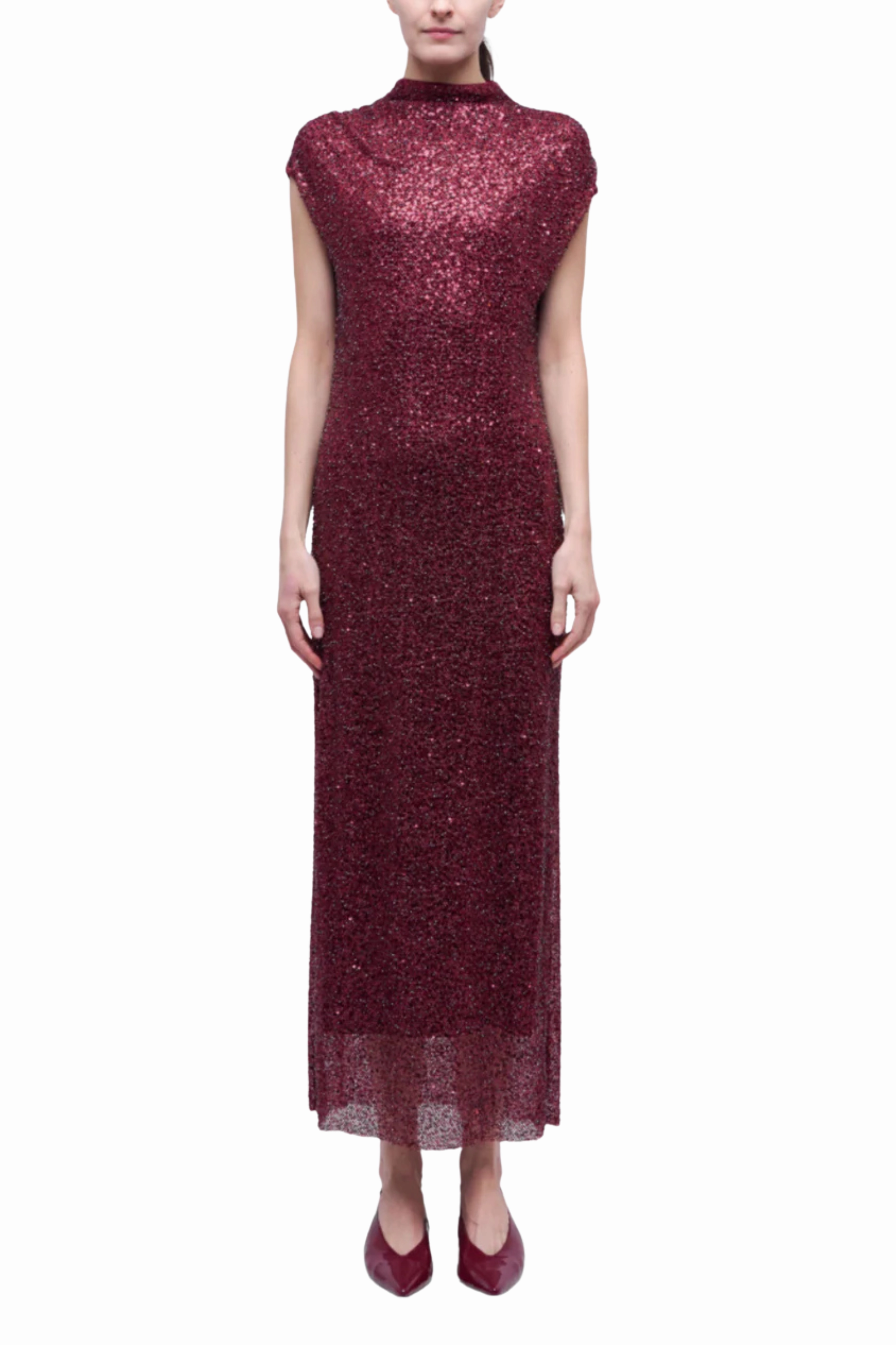 Balloon-Sleeve Zaria Cowl Neck Midi Dress