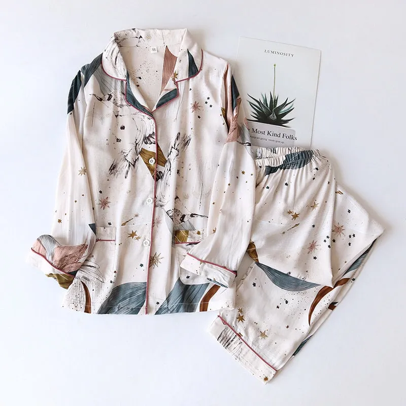Spring/Summer Viscose Long-Sleeved Pajama Set for Women - Plus Size Sleepwear 100% viscose