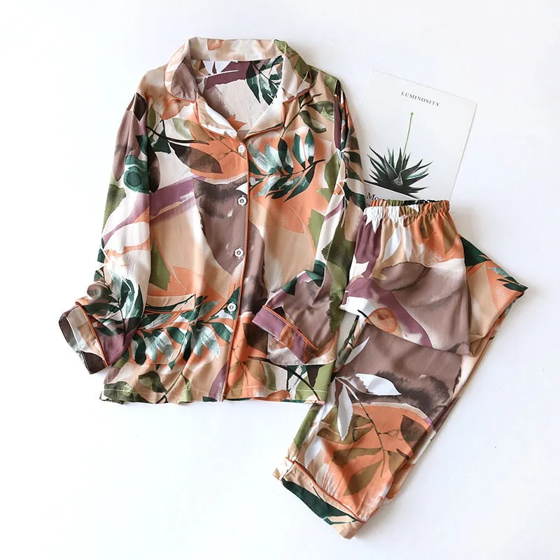 Spring/Summer Viscose Long-Sleeved Pajama Set for Women - Plus Size Sleepwear 100% viscose