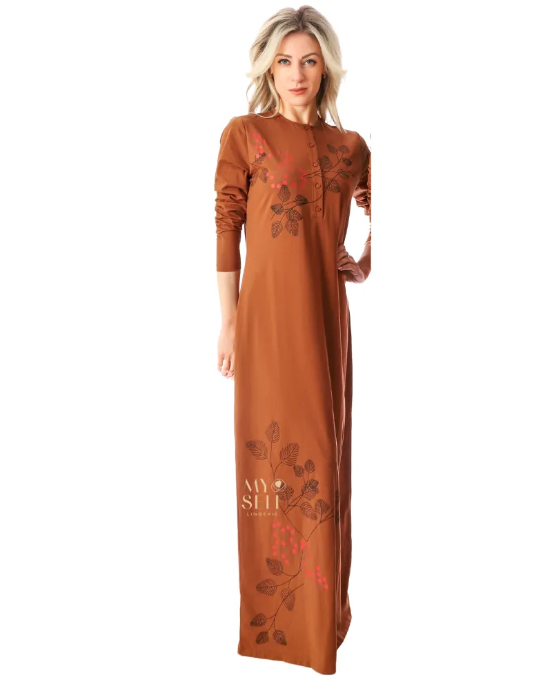 SS22N07A Amber Brown Cherry Blossom Button Down Cotton Nightgown