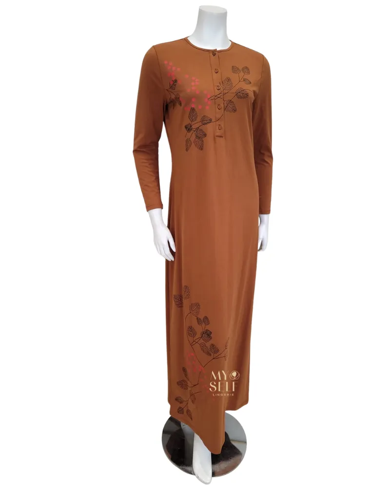 SS22N07A Amber Brown Cherry Blossom Button Down Cotton Nightgown