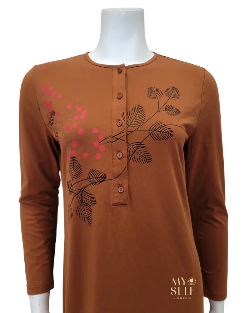 SS22N07A Amber Brown Cherry Blossom Button Down Cotton Nightgown