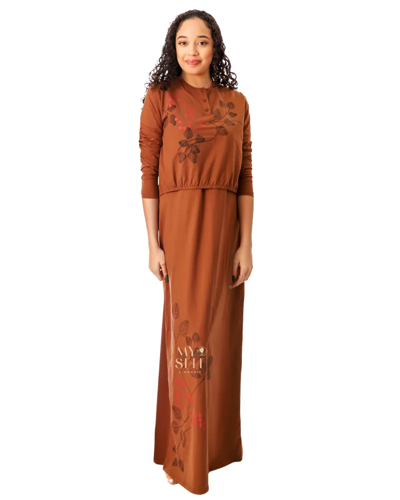 SS22N07B Amber Brown Cherry Blossom Cotton Nursing Nightgown